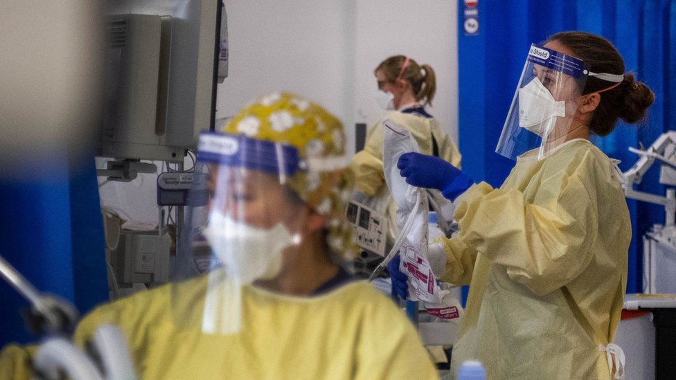 Nurses work on patients in the Intensive Care Unit (ICU) in St George