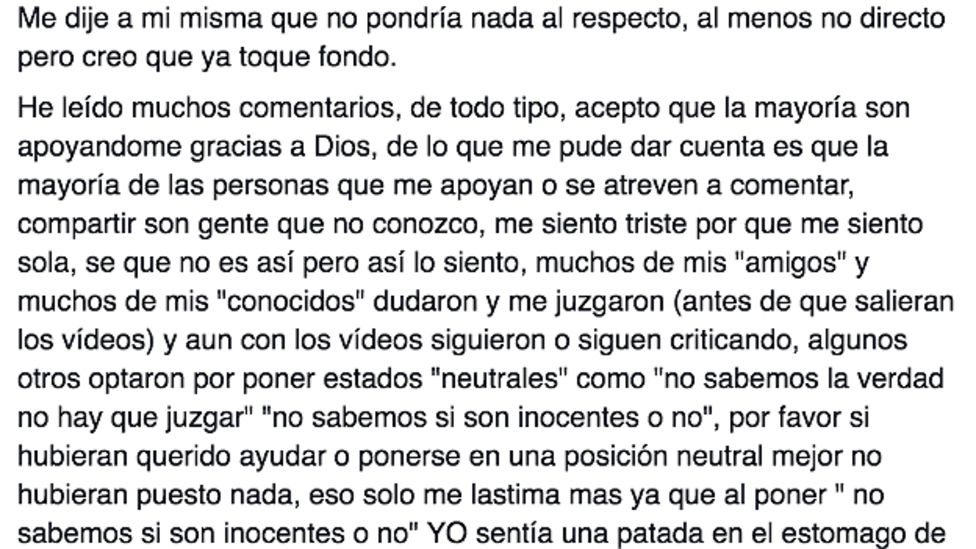 Parte de una carta que Daphne Fernández publicó en su cuenta en Facebook a inicios de 2016. Post de Facebook de Daphne.