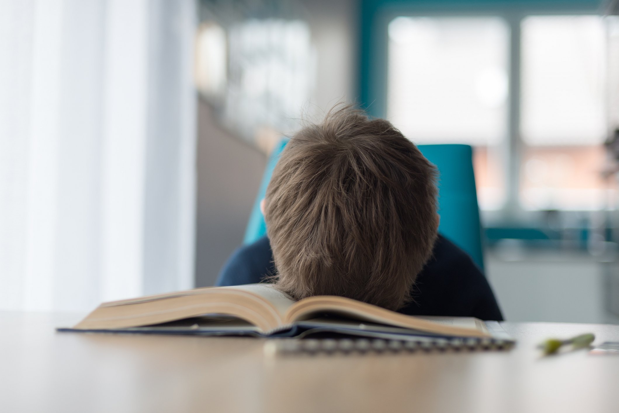 Niño con la cabeza sobre un libro.