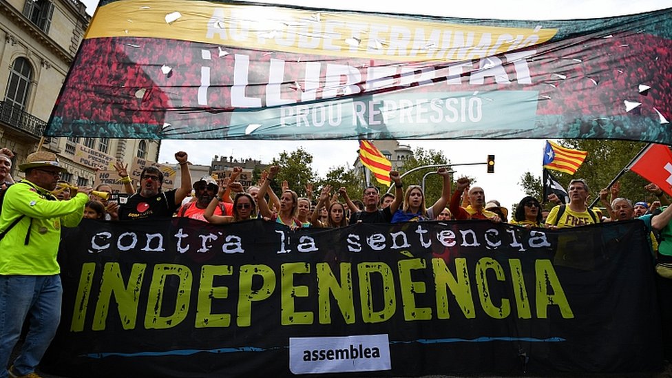 Protesters take part in a general strike on October 18, 2019 in Barcelona, Spain