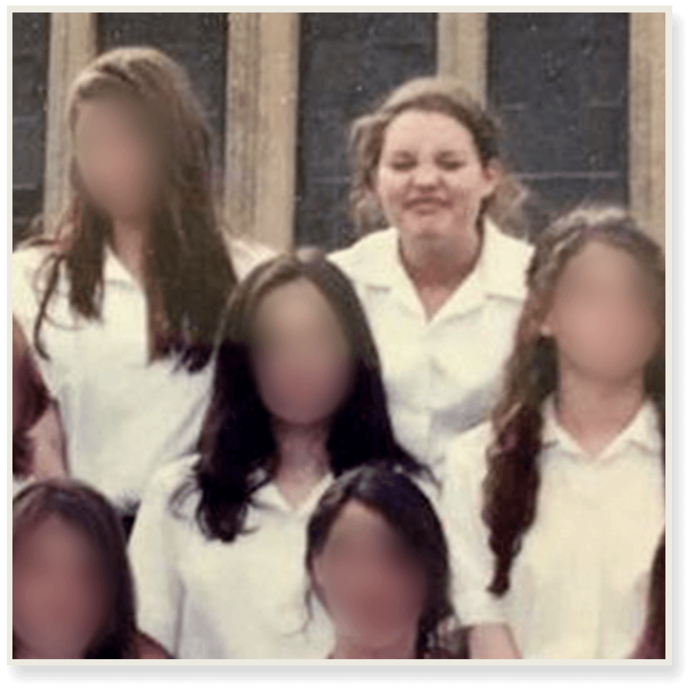 An image showing Constance Marten pulling a face during a school photograph