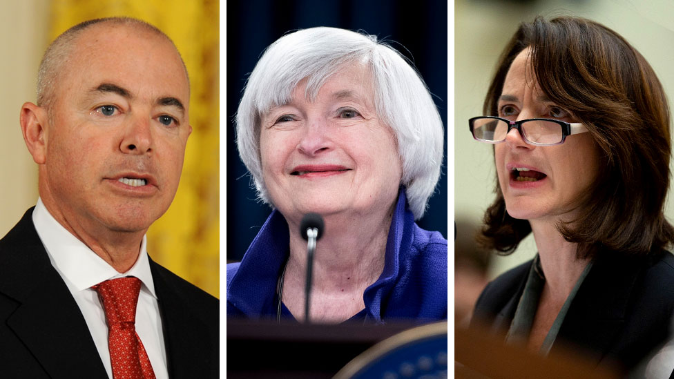 L-R Alejandro Mayorkas, Janet Yellen, Avril Haines