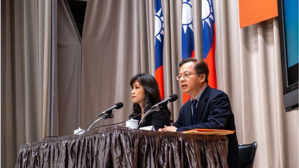 Kolas Yotaka (L) Spokesperson of the Executive Yuan, ROC (Taiwan) and Administrative councillor Gong Mingxin (R) explain the measures taken by the government to mitigate the medical and economic fallout of the virus in Taipei.