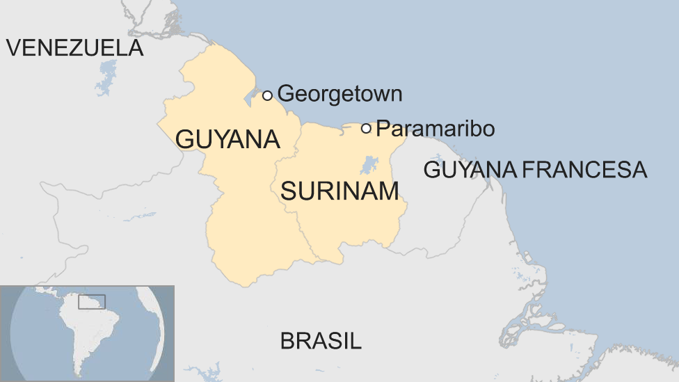 Mapa localizador de Guyana y Surinam.