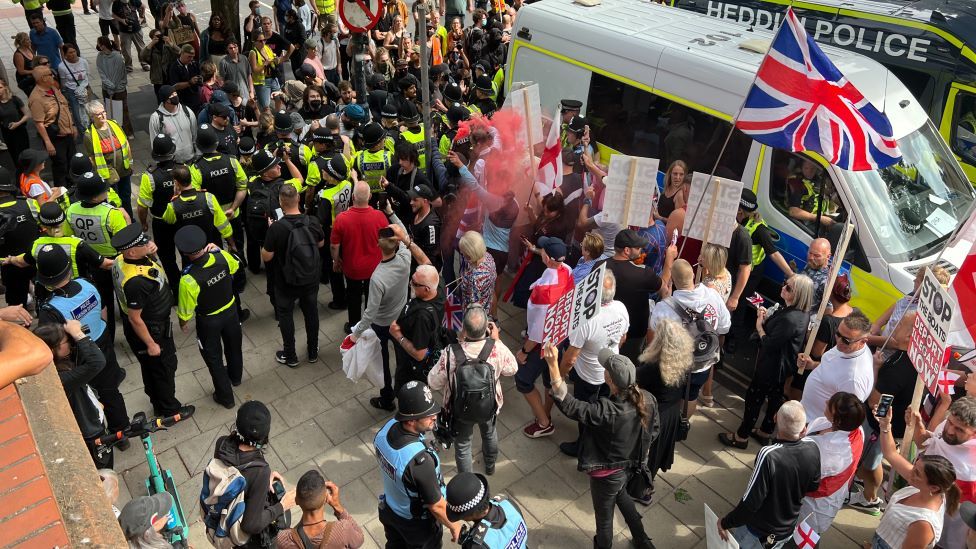 Asylum hotel protesters met by counter-demonstrators in UK
