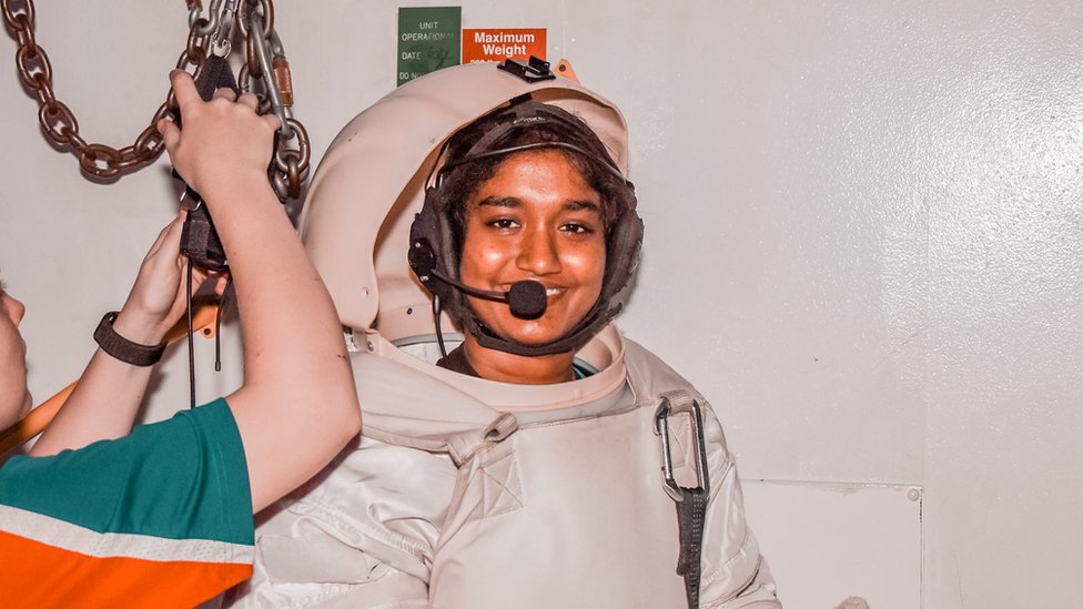 Sri Lankan student Sandali Kumarasinghe wearing a spacesuit while at Space Camp in the US.