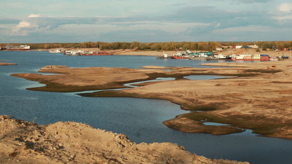 The Lena River with low water levels in Yakutsk, Yakutia, Russia, due to a heatwave