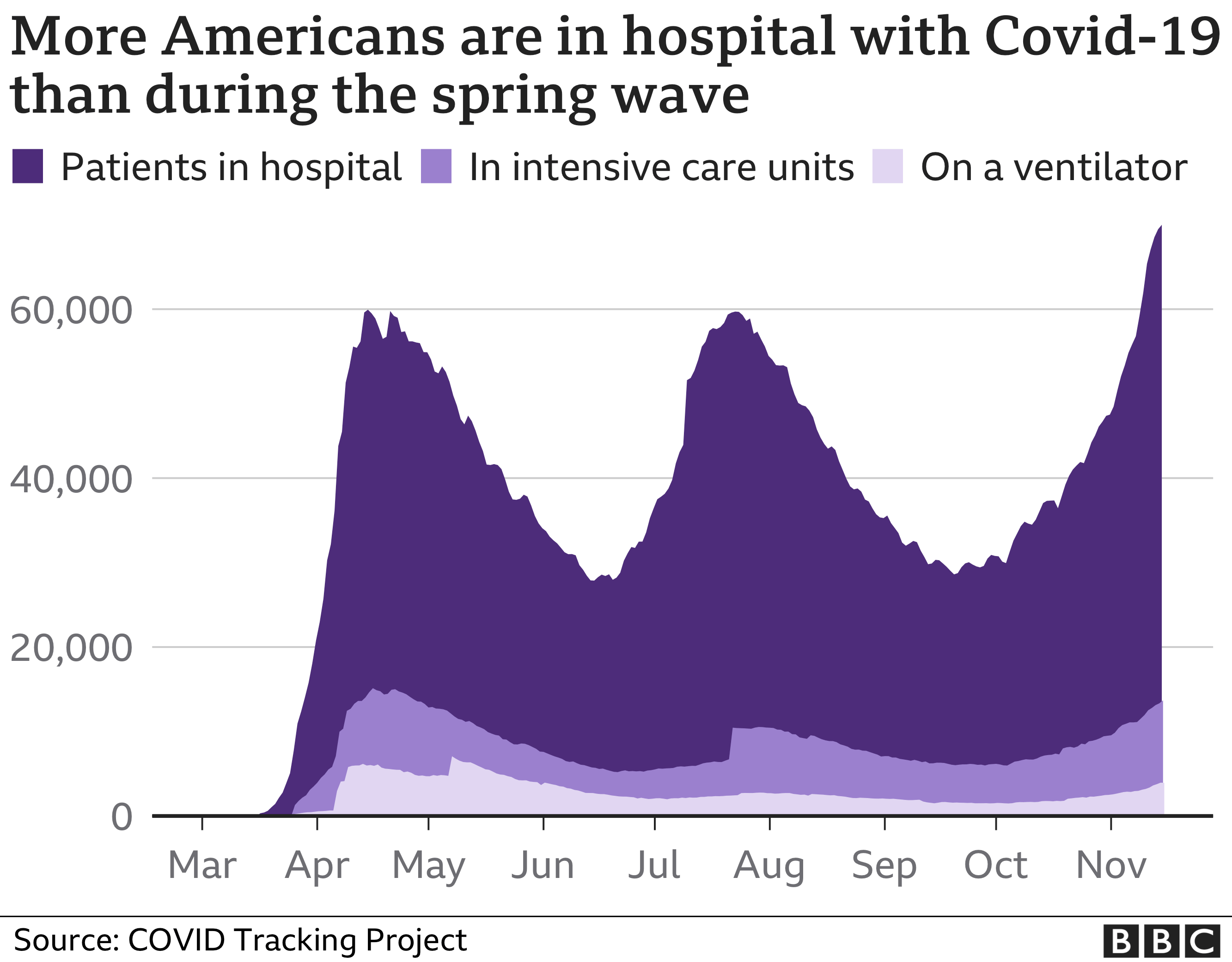 Диаграмма, показывающая количество пациентов с Covid-19 в больницах США с начала пандемии