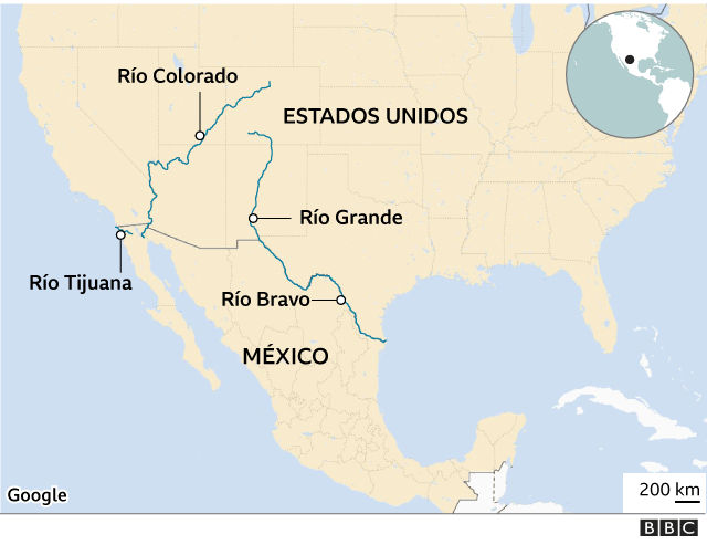 Mapa que muestra ríos que cruzan México y EE.UU.