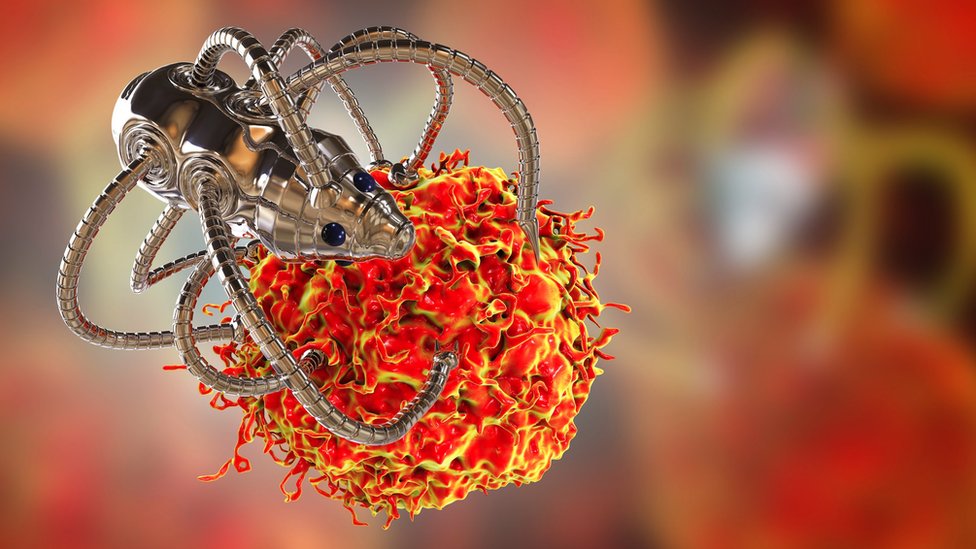 Artist's impression of a nanobot surrounding a cell