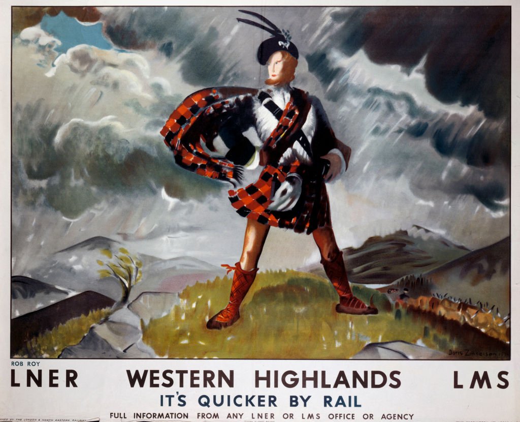 Póster para promover los viajes en tren a Western Highlands con el legendario héroe Rob Roy (1671-1734). Obra de Doris Zinkeisen (1898-1991)