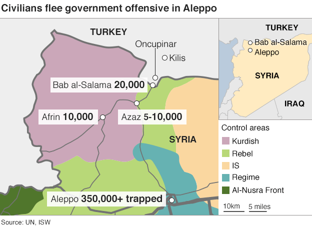 Карта, показывающая, куда бежали мирные жители с тех пор, как сирийские правительственные силы начали наступление на Алеппо - 8 февраля 2016 г.