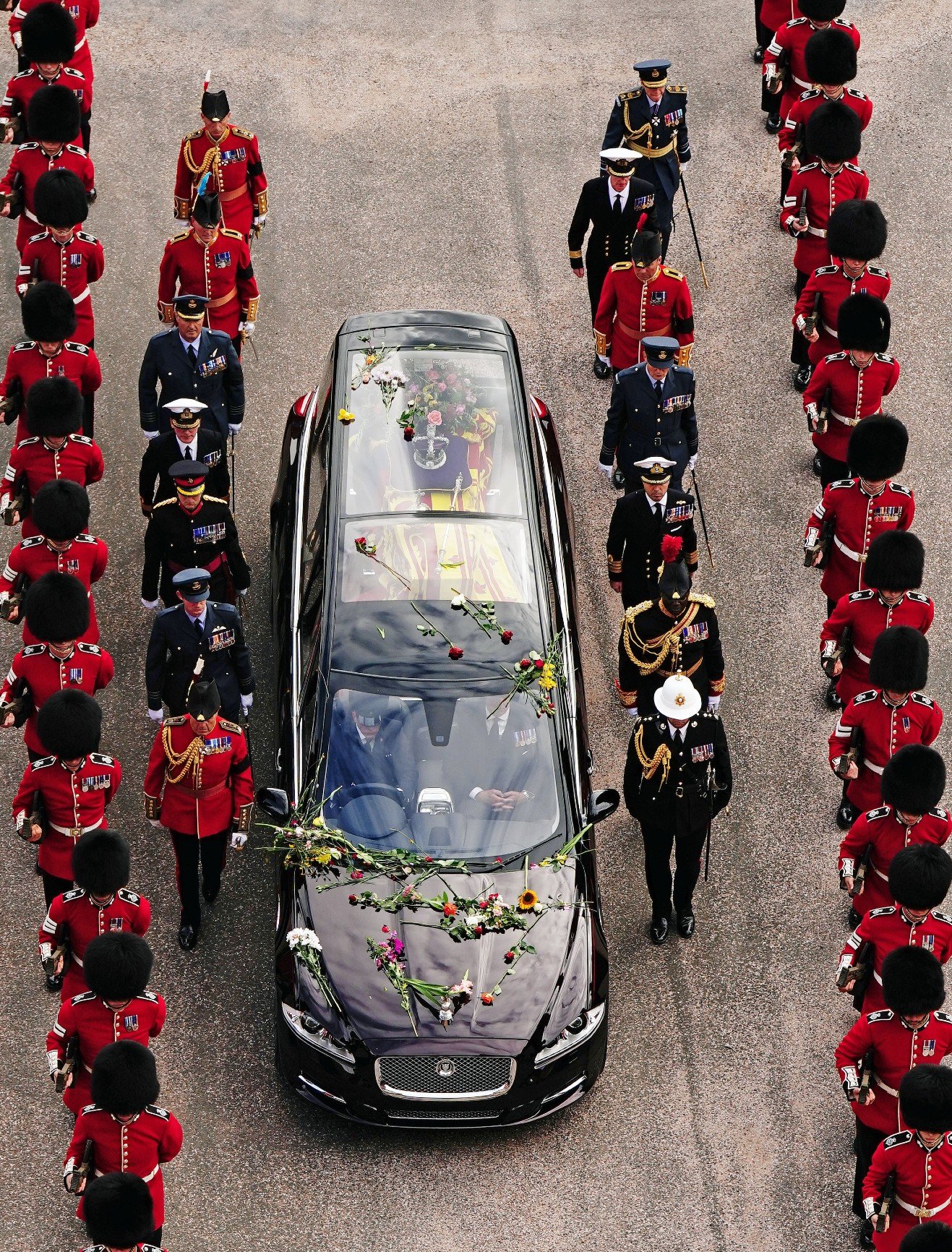 Flowers on the hearse carrying the coffin of Queen Elizabeth II as it arrives at Windsor Castle for the Committal Service in St George's Chapel.