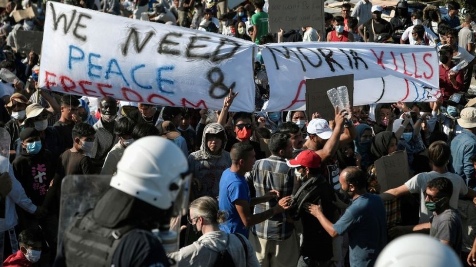 Migrant protest on Lesbos, 11 Sep 20