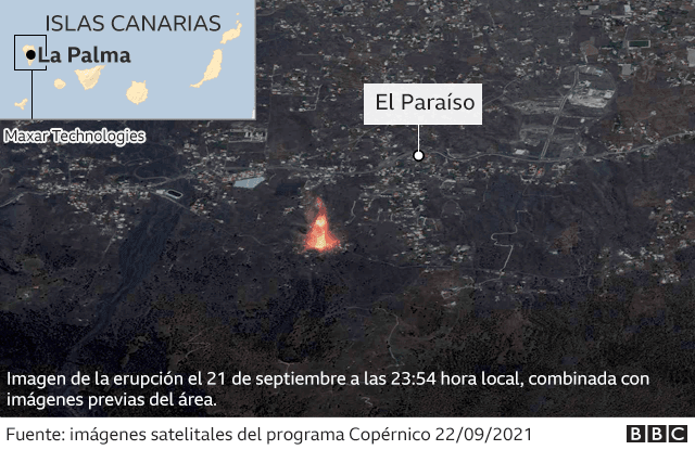 Mapa del volcán en islas Canarias.