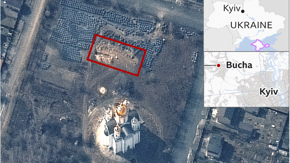 衛星圖片顯示布查一座教堂外的亂崗葬