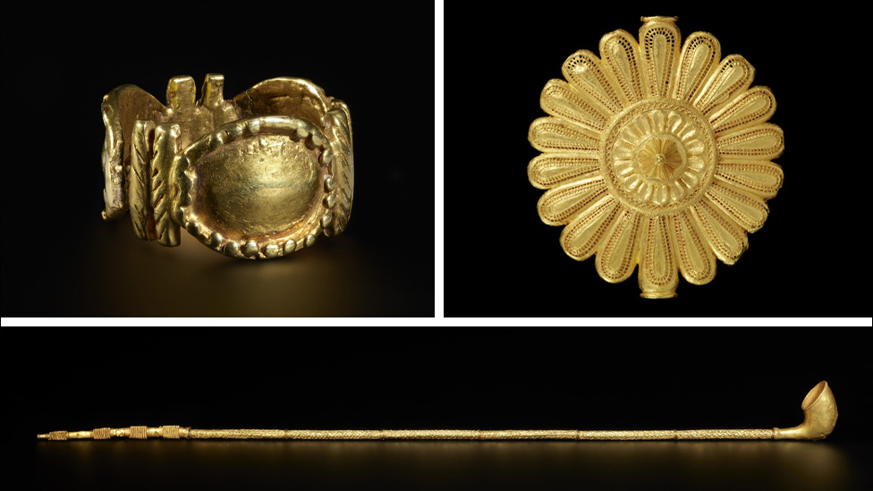 Composite image showing an Asante gold ring, a cast gold badge worn by the king's "soul washer", and a ceremonial pipe