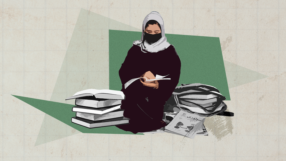 A graphic image of a young girl with a head covering sitting down to read a book, surrounded by a pile of books