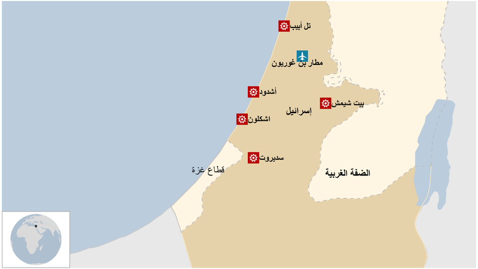 خارطة تبين المدن التي استهدفتها الصواريخ التي أُطلقت من قطاع غزة