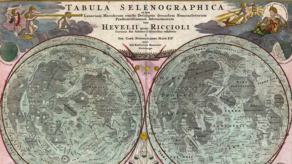 Reproducción de una antigua cartografía lunar: 1707, Mapa de la Luna de Homann y Doppelmayr, basado en Riccioli