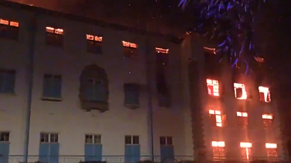 A screengrab from a video showing the blaze in the main building of Makerere University, Kampala, Uganda - September 2020