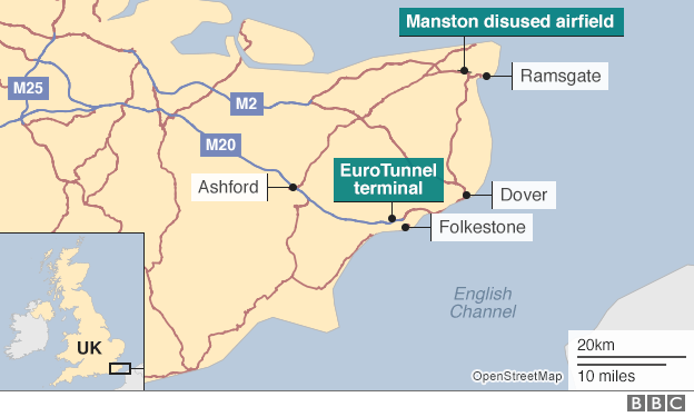 карта, показывающая аэропорт Манстон и терминал Евротоннеля