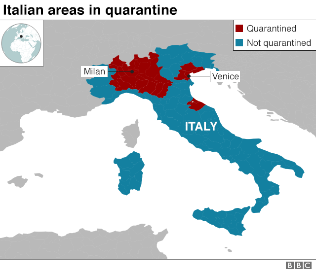 Карта, показывающая итальянские районы на карантине