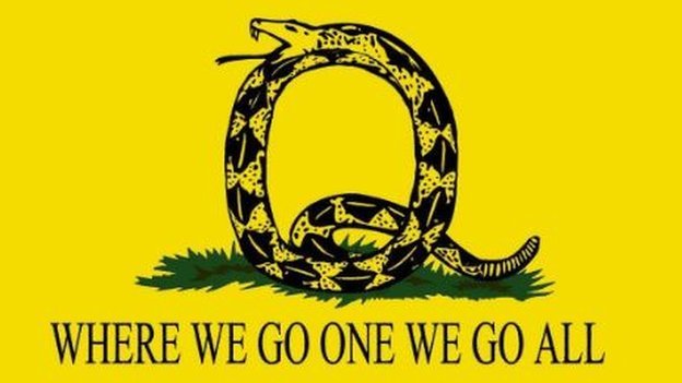 Picture of a snake in the shape of a letter Q and the slogan "where we go one we go all"