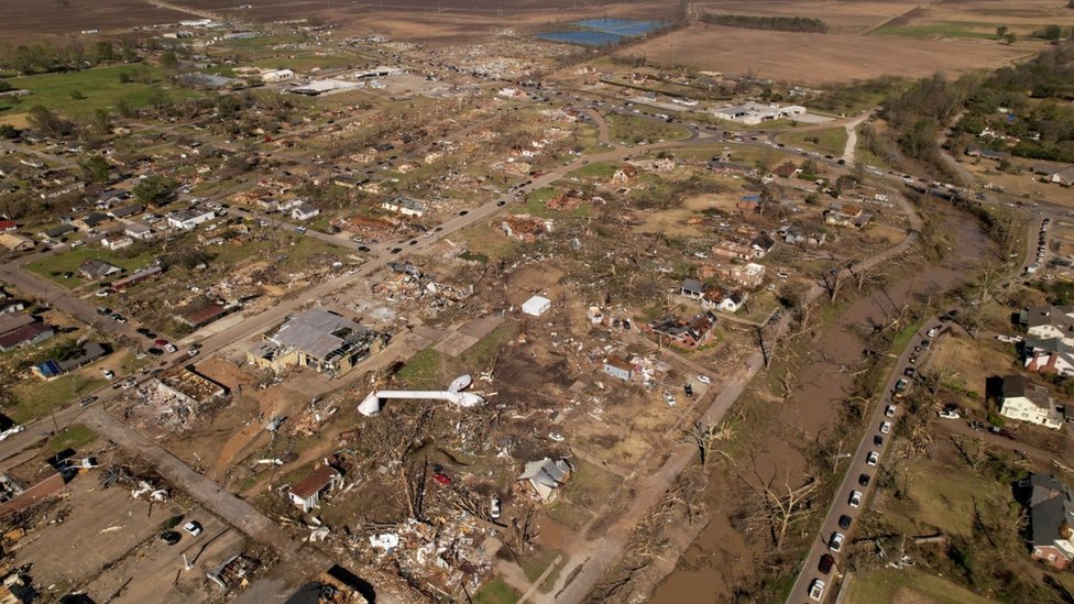 An aerial view of Rolling Fork, which was devastated by a tornado, 25 March