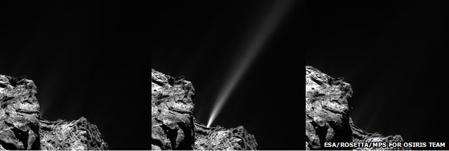 три фотографии джета, выходящего из кометы