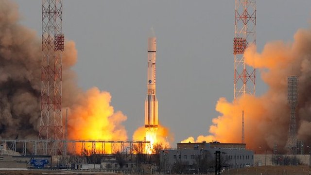 The ExoMars Trace Gas Orbiter launches from Baikonur spaceport in Kazakhstan.