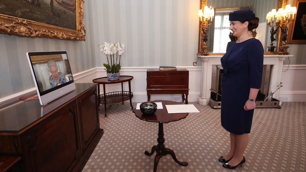 Ivita Burmistre, ambassador from Latvia, smiles during a virtual audience with the Queen