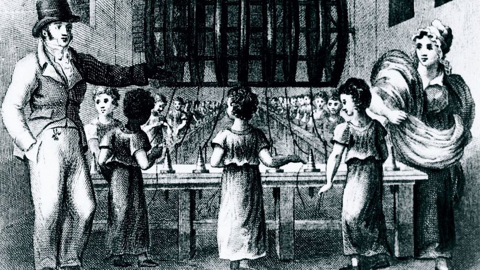 Ilustración de niños trabajando en una fábrica textil