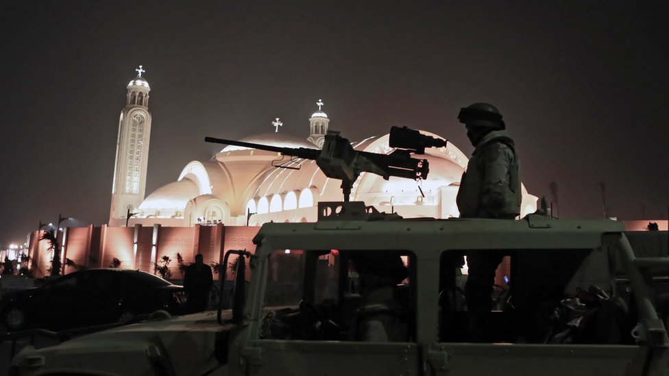 Egyptian army guards outside the newly inaugurated Cathedral of Nativity in the New Administrative Capital