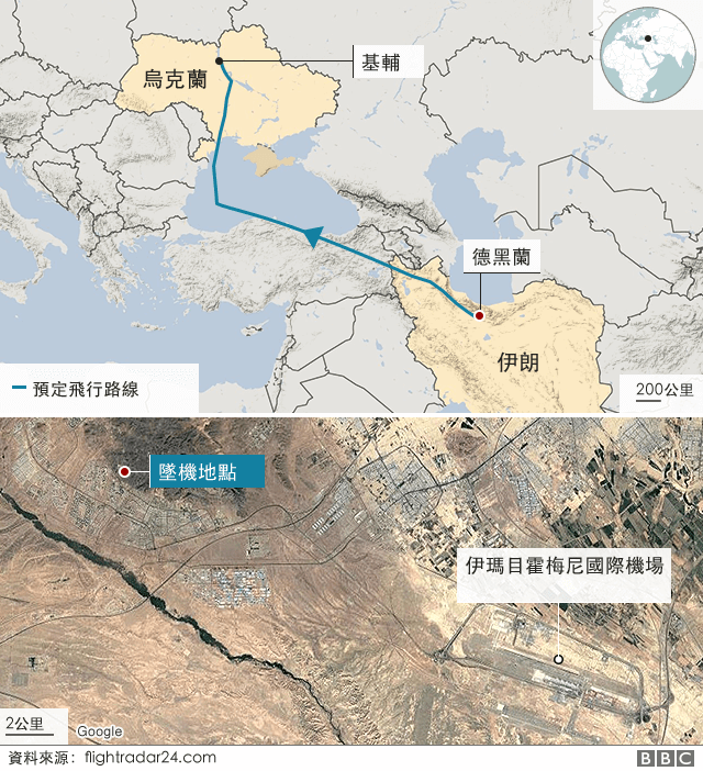 地圖：PS752航班墜機地點
