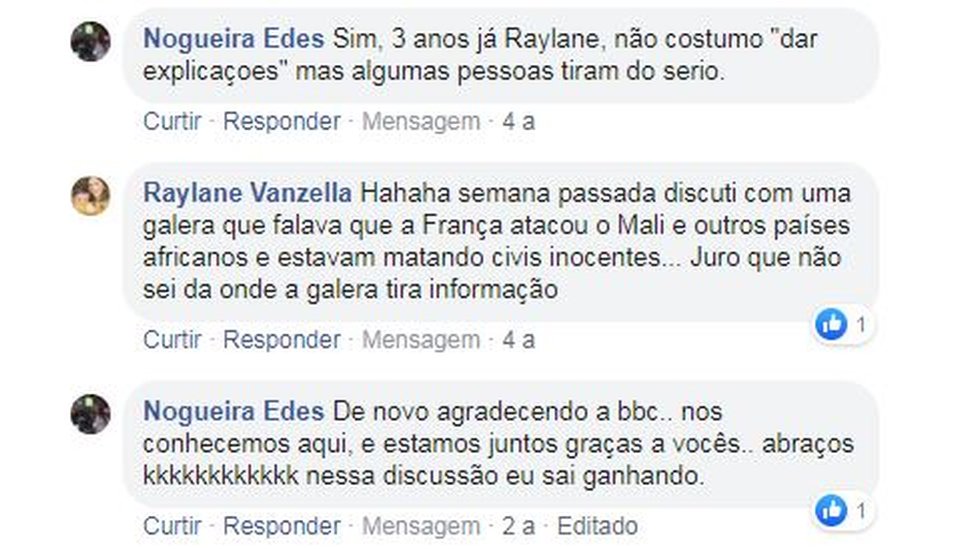 Fragmento de los comentarios que compartieron Edes y Raylane en Facebook.