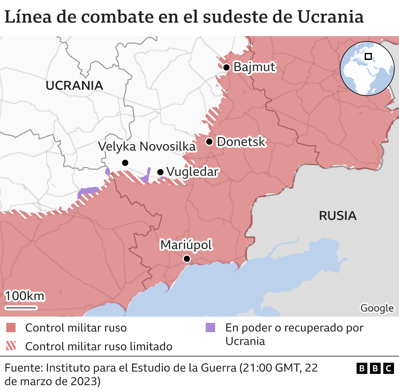 Mapa de la línea de combate en el sudeste de Ucrania.