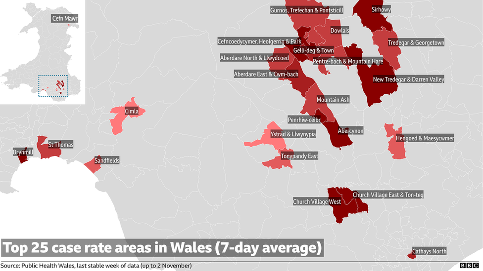 Карта 25 районов Уэльса, наиболее пострадавших от коронавируса (в среднем за 7 дней)
