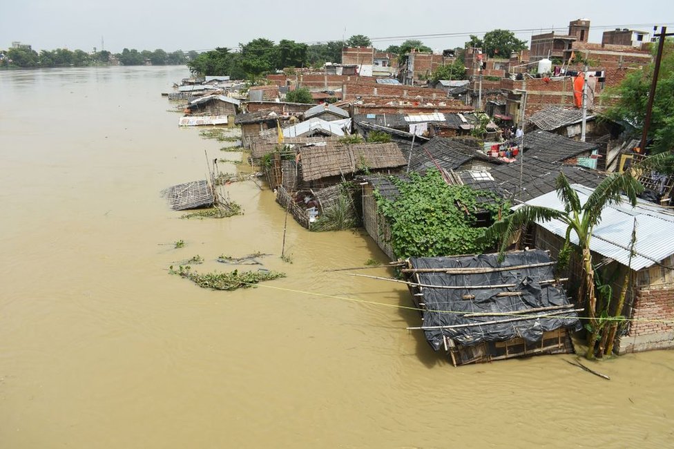 Общий вид затопленной территории после сильных муссонных дождей в Музаффарпуре в индийском штате Бихар 17 июля 2019 г.