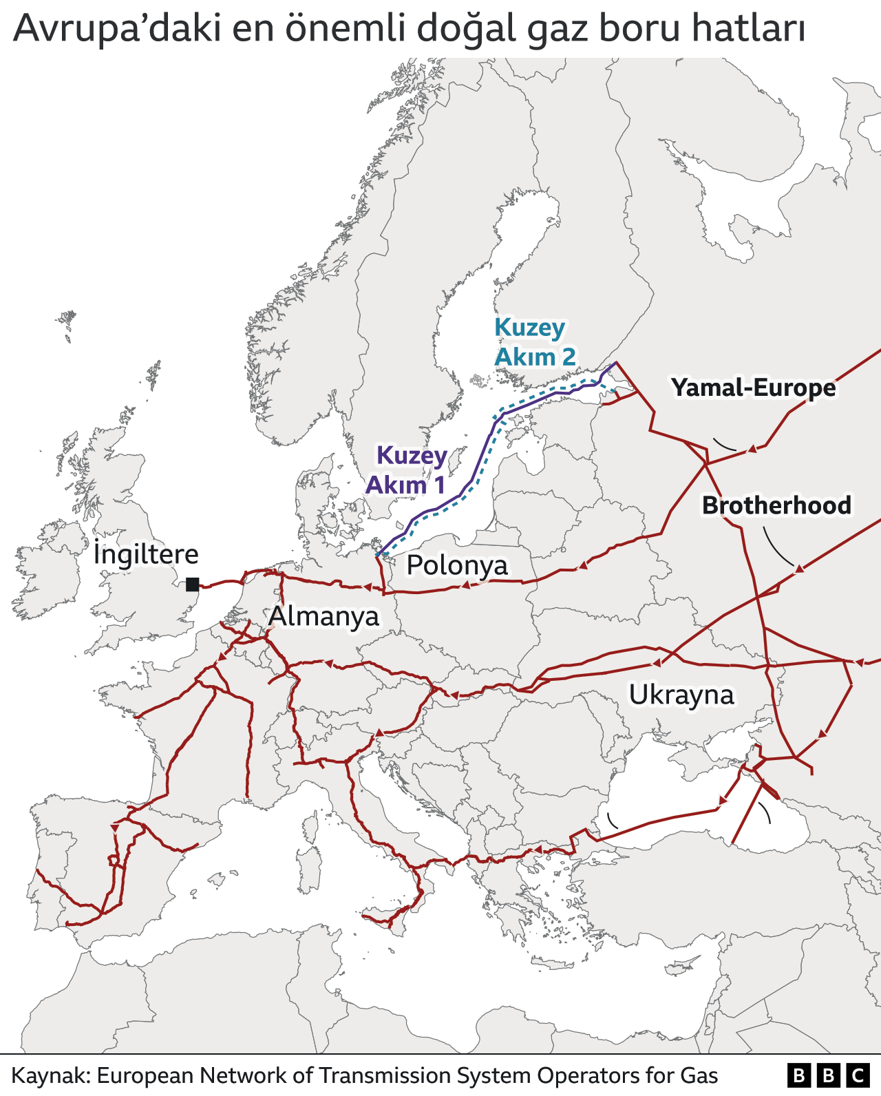 Avrupa'daki en önemli doğal gaz boru hatlarını gösteren harita