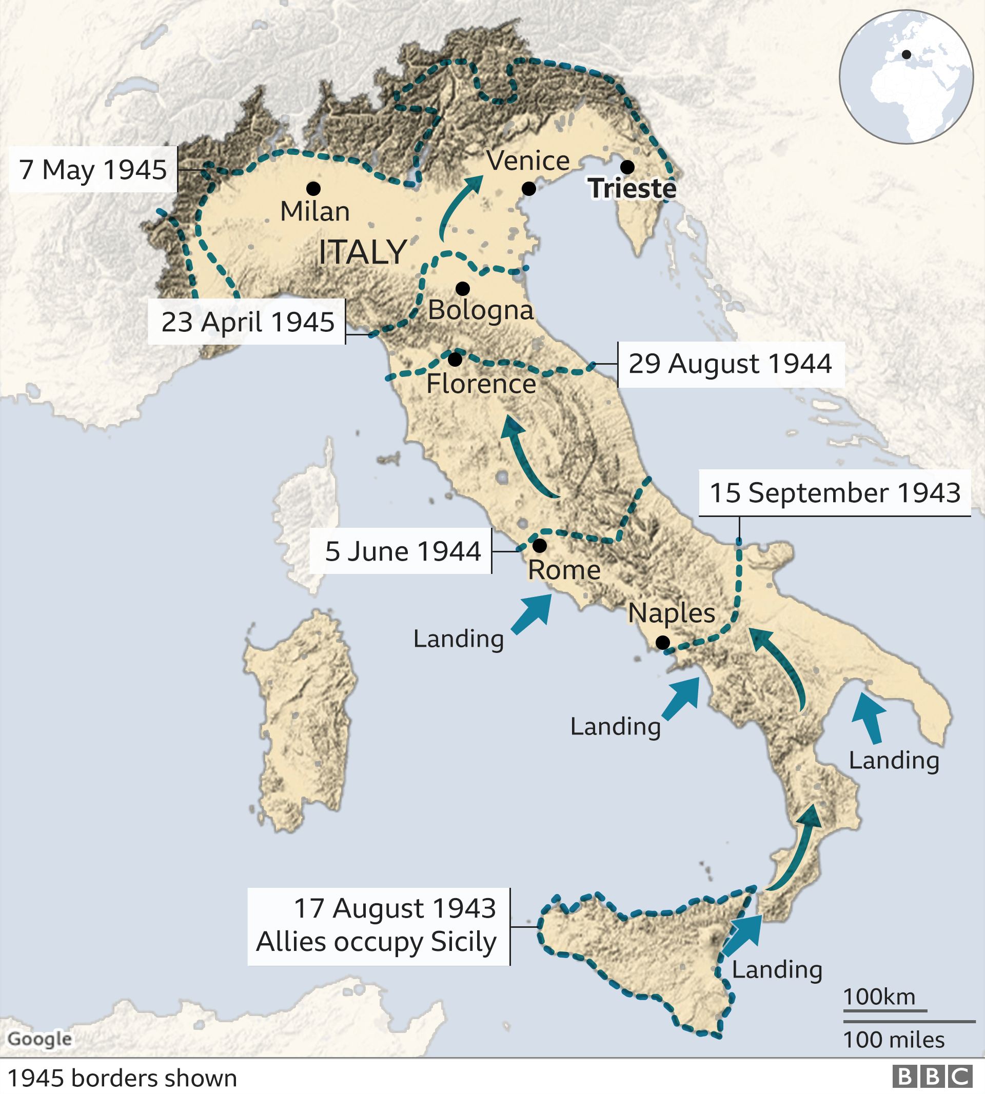 Карта Италии, показывающая прогресс союзников с 1943 по 1945 год