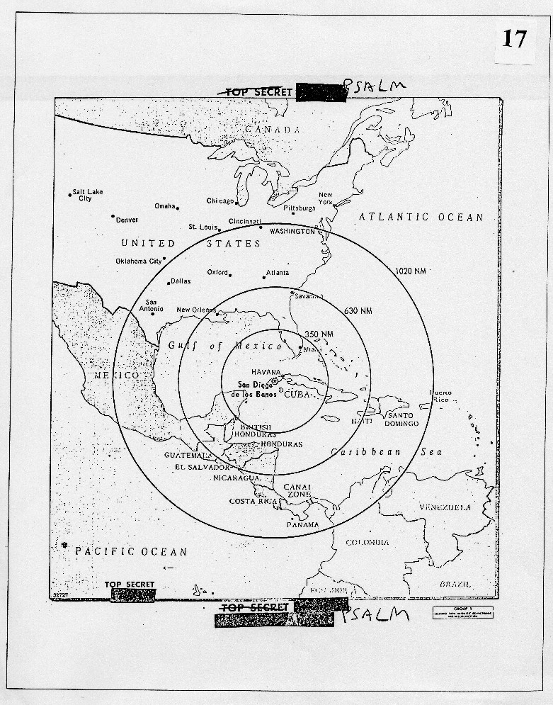 Mapa presentado en la primera sesión del EXCOMM que mostraba el alcance de los misiles nucleares soviéticos presentes en Cuba.