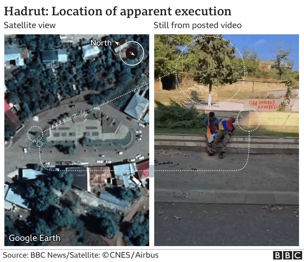 Сравнение спутникового снимка Гадрута и кадров из видео
