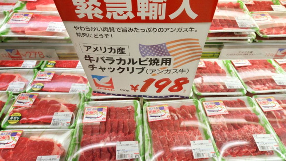 Meat counter with imported American beef in a Japanese supermarket