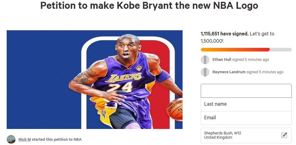 Скриншот петиции Change.org о добавлении силуэта Коби Брайанта к логотипу НБА