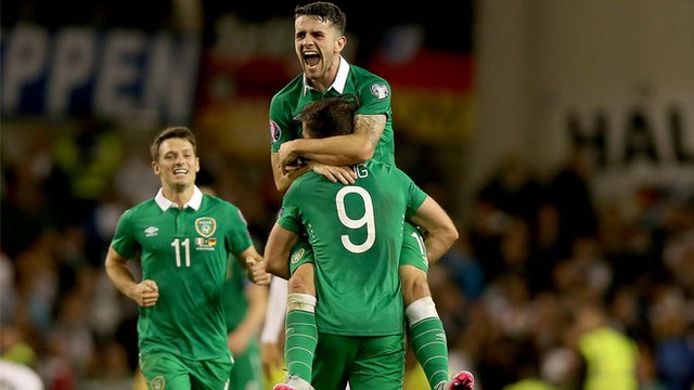 Republic striker Shane Long celebrates scoring against Germanay