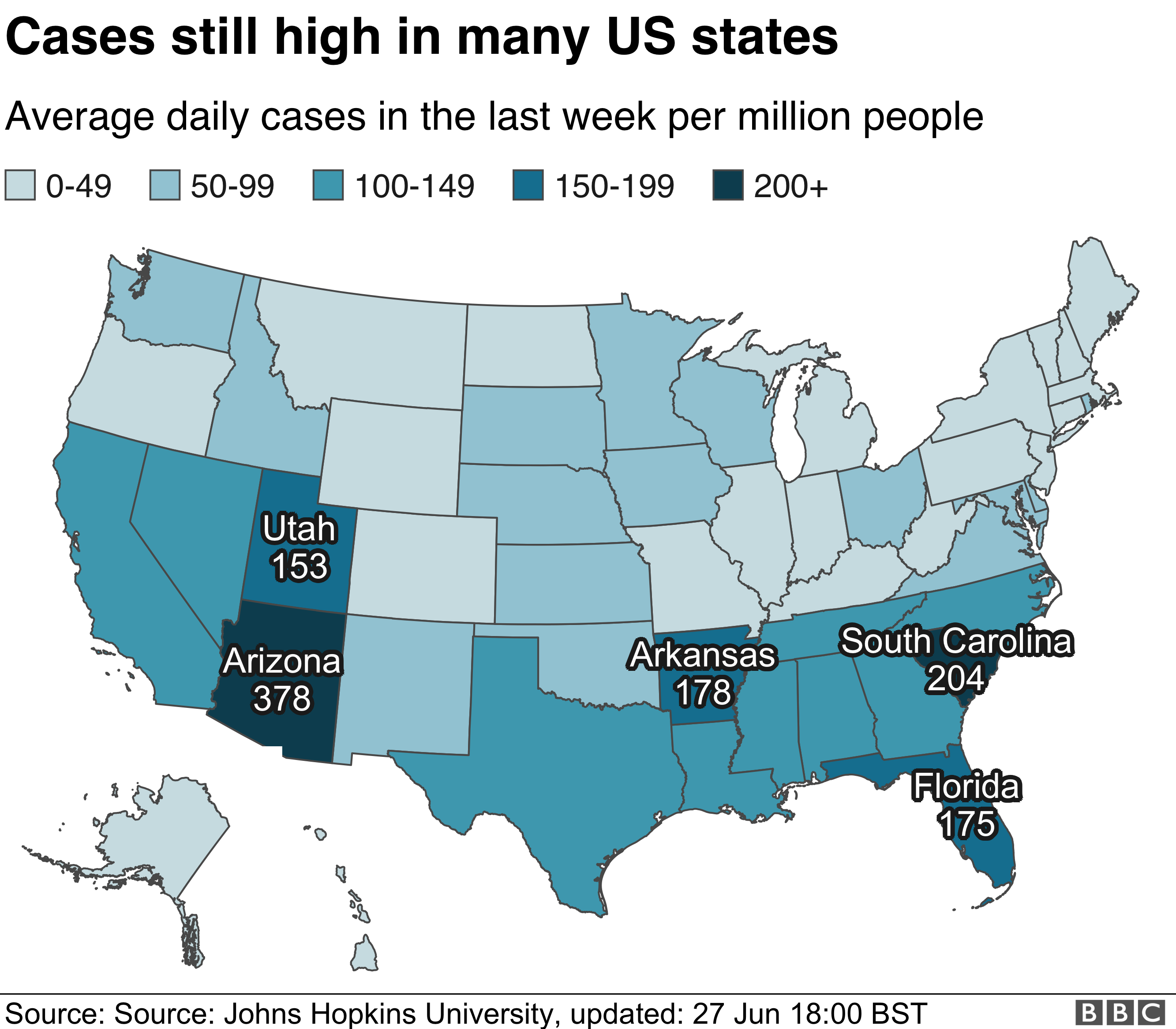 Карта, показывающая среднесуточные случаи заболевания в США