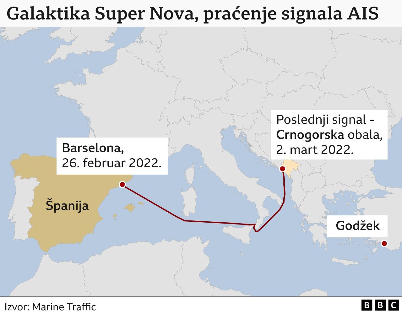 Mapa rute kojom je Galaktika Super Nova išla od Španije do Crne Gore