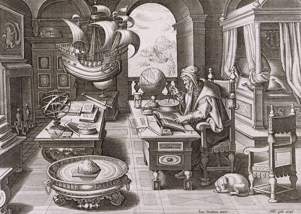 Ilustración de mediados del siglo XVII con Colón con cartas de navegación y mapas. Theodorus Galle