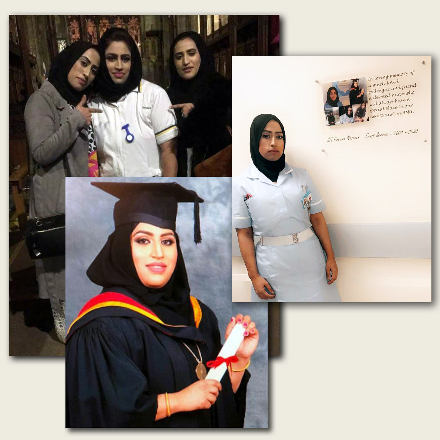Areema Nasreen with her sisters and at graduation, and Kazeema Afzal (r)